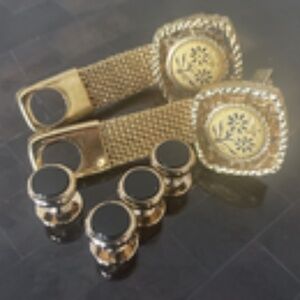 Vintage Gold Tone Mesh Wrap Cufflinks & Black Onyx Tuxedo Stud Set